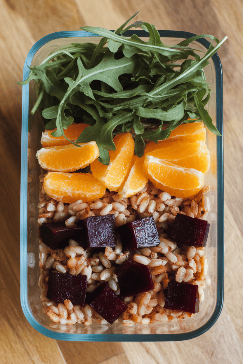 Indoor photo of a glass container holding farro mixed with roasted beet cubes, orange segments, and arugula. No text or logos.