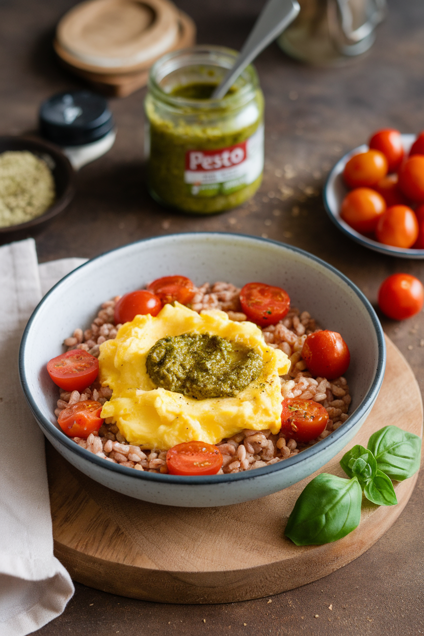 Indoor image of soft-scrambled eggs over farro with cherry tomatoes and a spoonful of pesto. No logos or text.