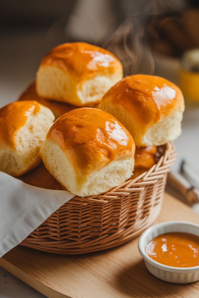 Soft indoor lighting on a basket of golden, fluffy dinner rolls brushed with glossy honey butter, steam faintly rising. Photo, no text or logos.