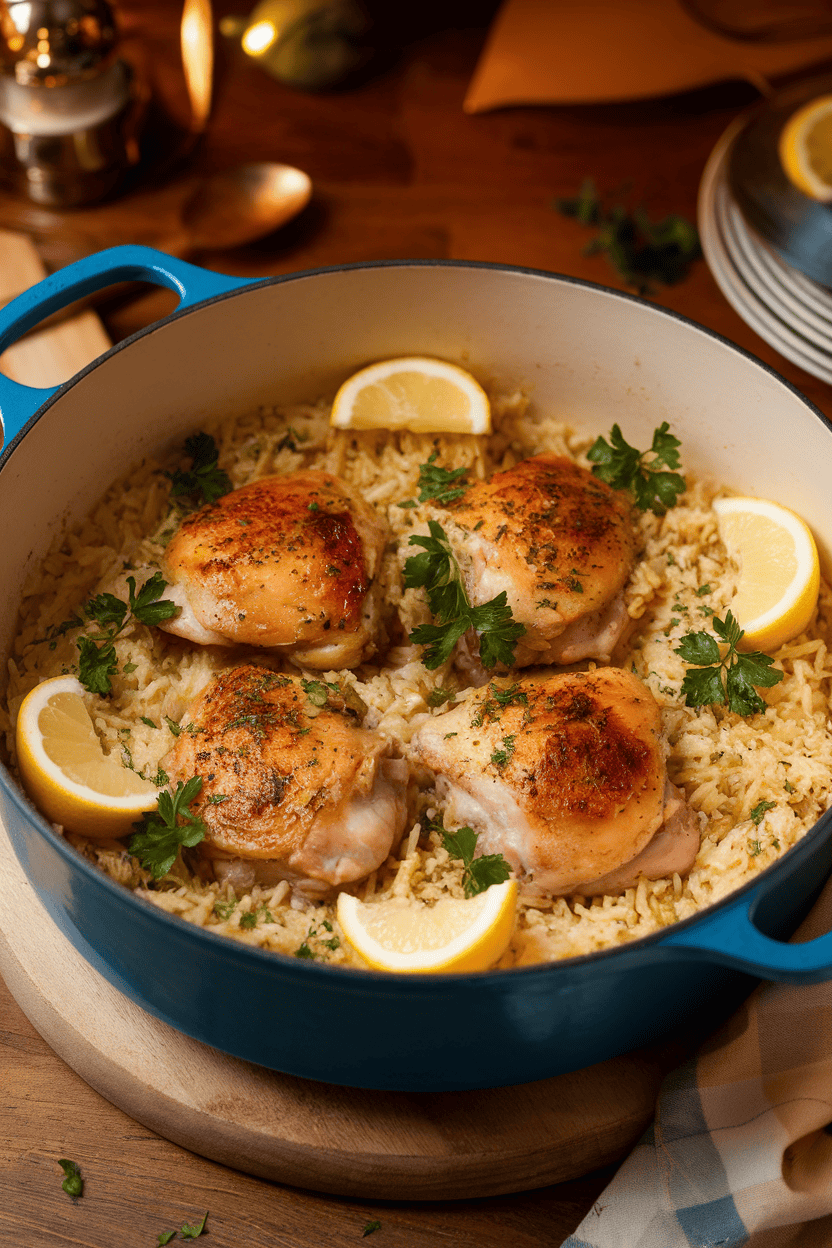 Indoor photo of a wide, shallow Dutch oven filled with golden chicken thighs nestled in fluffy rice flecked with parsley and lemon wedges, steam rising softly under warm kitchen lighting. No text or logos anywhere in the scene.