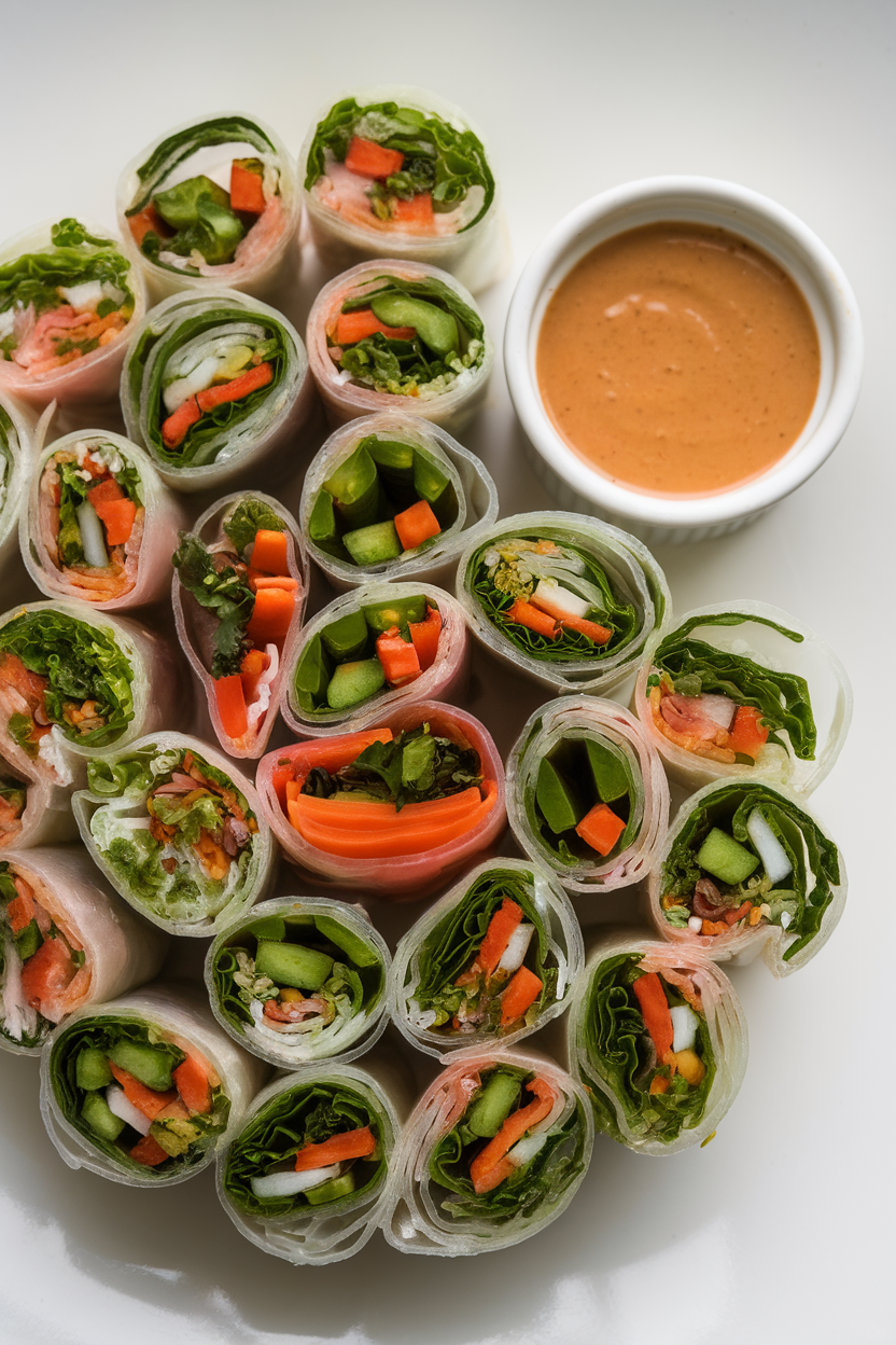 An indoor platter showing translucent rice-paper rolls packed with colorful veggies and herbs, small ramekin of peanut sauce beside them, shot three-quarter overhead. No text or logos anywhere.