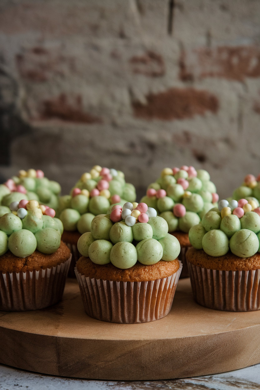 Indoor bakery view of oatmeal spice cupcakes with domed green frosting bubbles and small candy pearls rising, no text or logos.