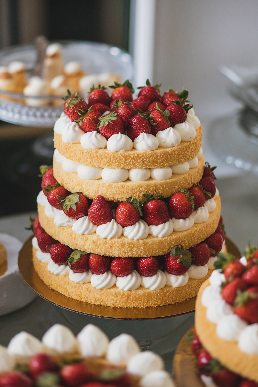An elegant indoor tiered vanilla sponge filled with fluffy Chantilly cream, fresh strawberries at each layer edge, photographed at dessert-table height. No text or logos, photo only.
