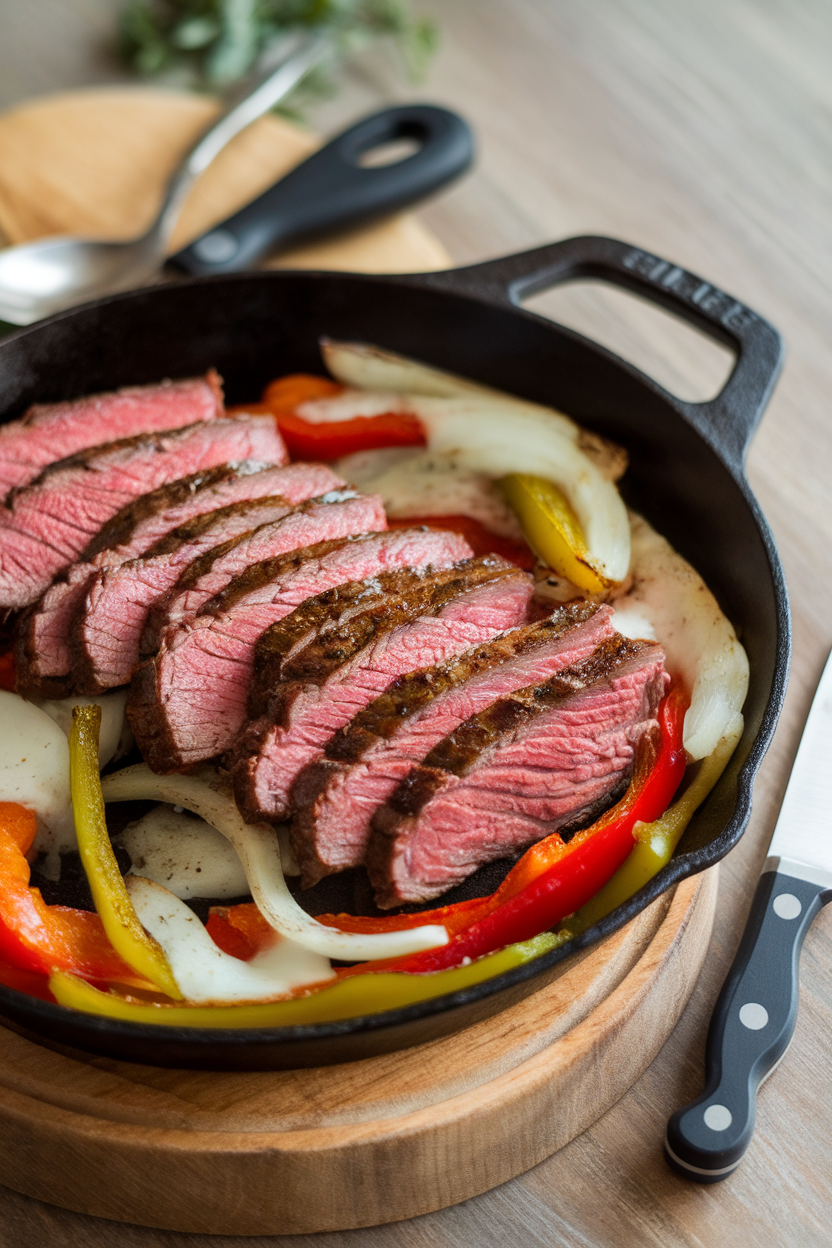 Indoor photo of a cast-iron skillet filled with sliced ribeye, sautéed peppers, onions, and melted provolone, no text or logos. Photograph, not illustration.