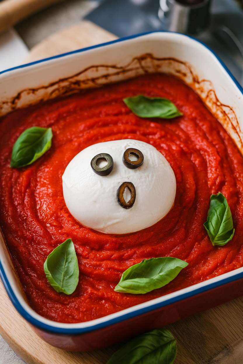 An indoor casserole dish of warm bubbling tomato sauce with a round burrata set in the middle, dotted with black olive “eyes” to form a ghost. No text or logos. Photo, not illustration.