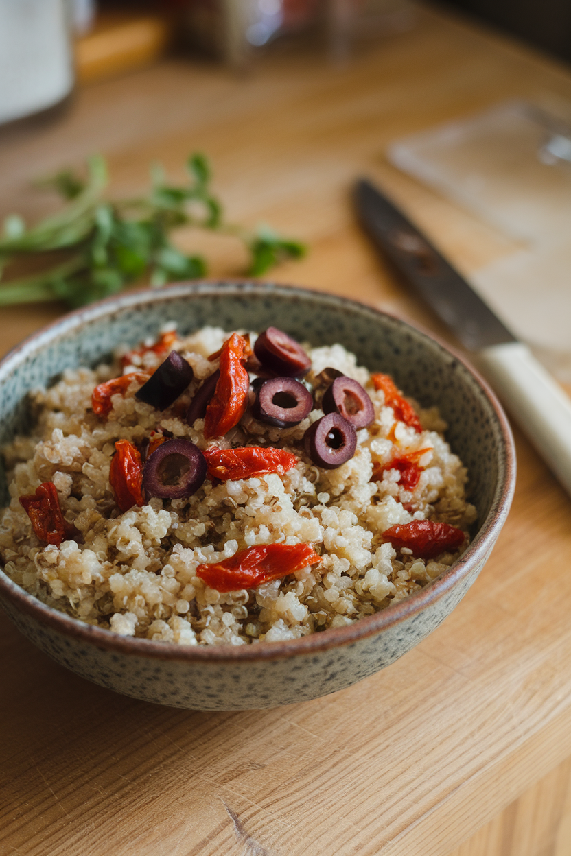 An indoor countertop scene with a rustic bowl of quinoa speckled with chopped sun-dried tomatoes and sliced black olives; no text or logos.
