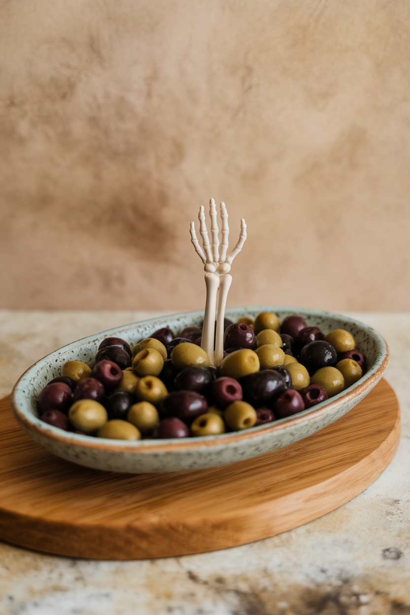 Indoor photo of a shallow oval dish filled with mixed black and green olives, a mini plastic skeleton arm reaching upward from the center. No text or logos.