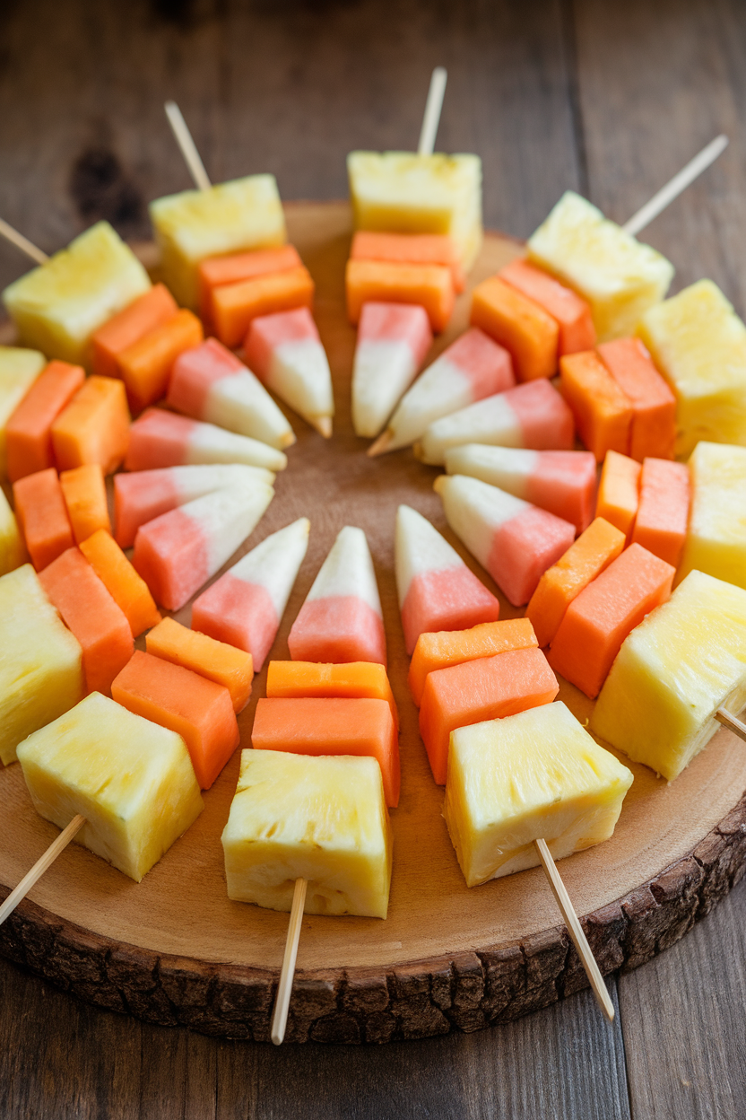 Photo of indoor platter with skewers: pineapple chunks, cantaloupe, and banana stacked to mimic candy corn stripes. No text or logos.