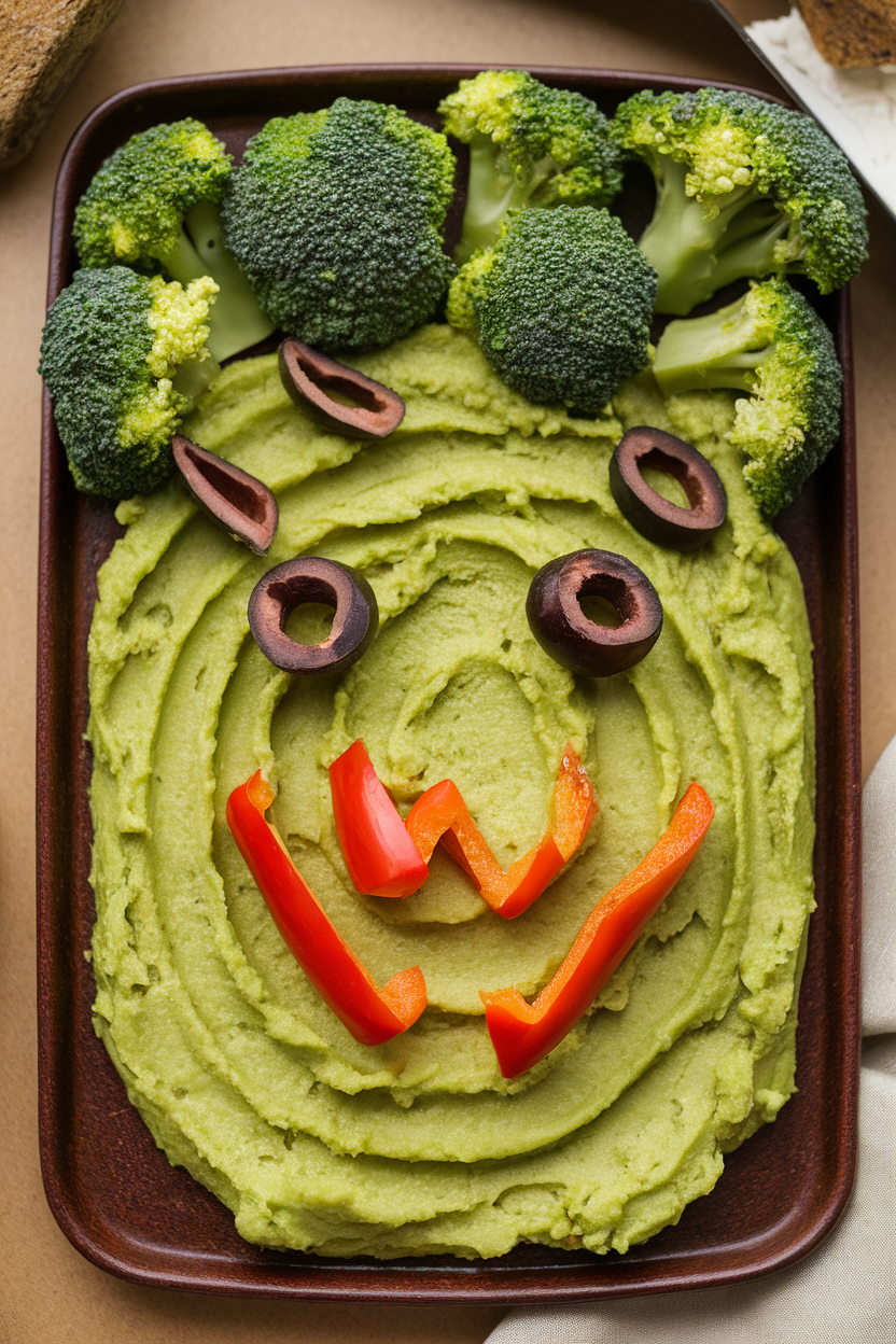 Indoor photo of a rectangular platter with mashed avocado spread smooth as the “skin,” broccoli florets forming hair, sliced olives as bolts, and red pepper strips creating a jagged mouth. No text or logos.