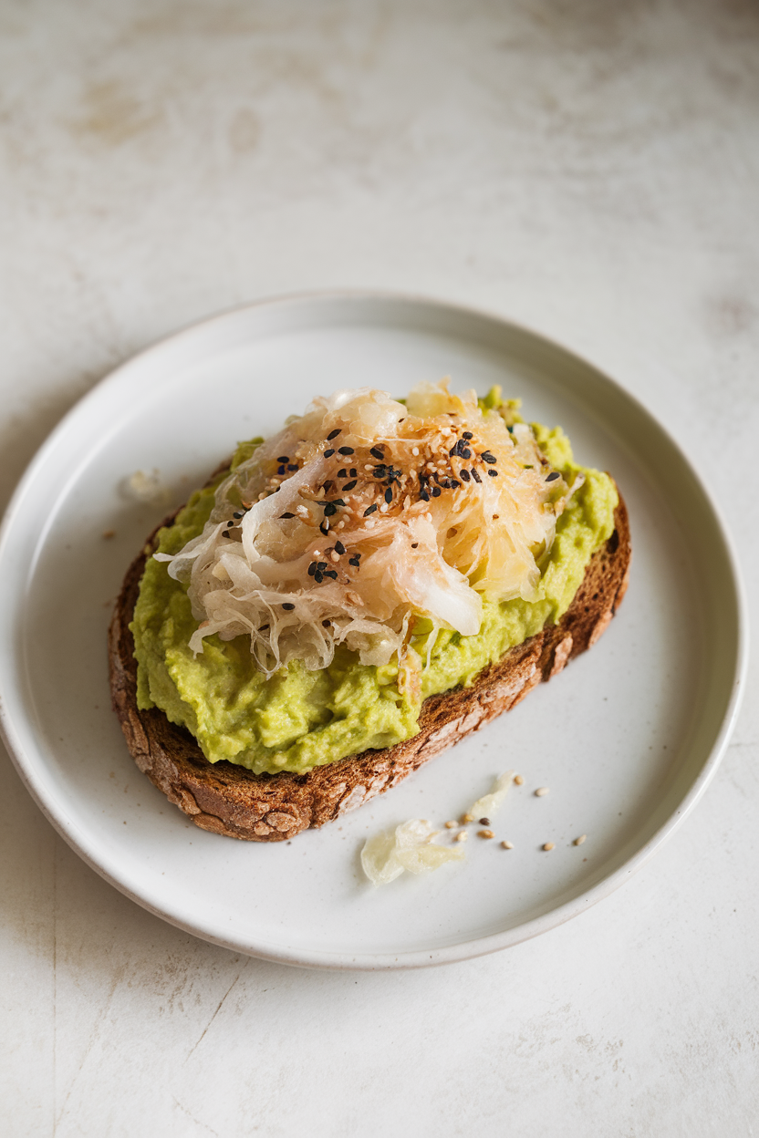 Indoor photo of whole-grain toast smeared with mashed avocado and piled with bright sauerkraut strands, sprinkled with sesame seeds, on a simple white plate. Soft kitchen lighting, no text or logos.