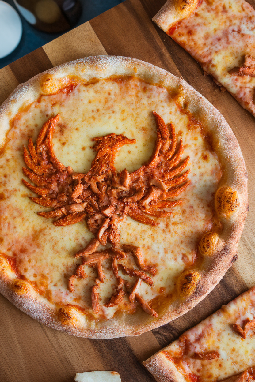 Indoor overhead shot of a pizza where chipotle chicken forms a phoenix shape rising across a bed of melted cheese. Photo only, no text or logos.