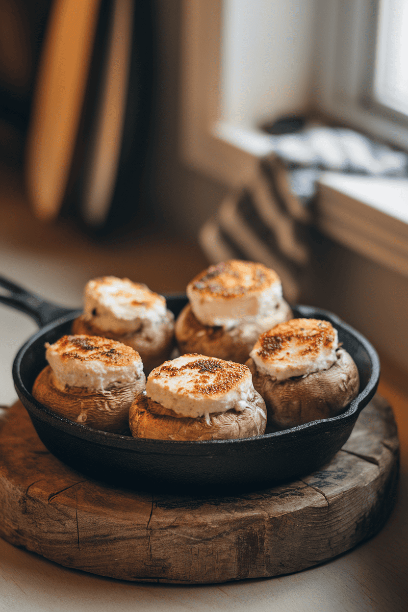 Indoor photo of button mushrooms filled with herbed cream cheese, browned on top, sitting in a small skillet; no text or logos.