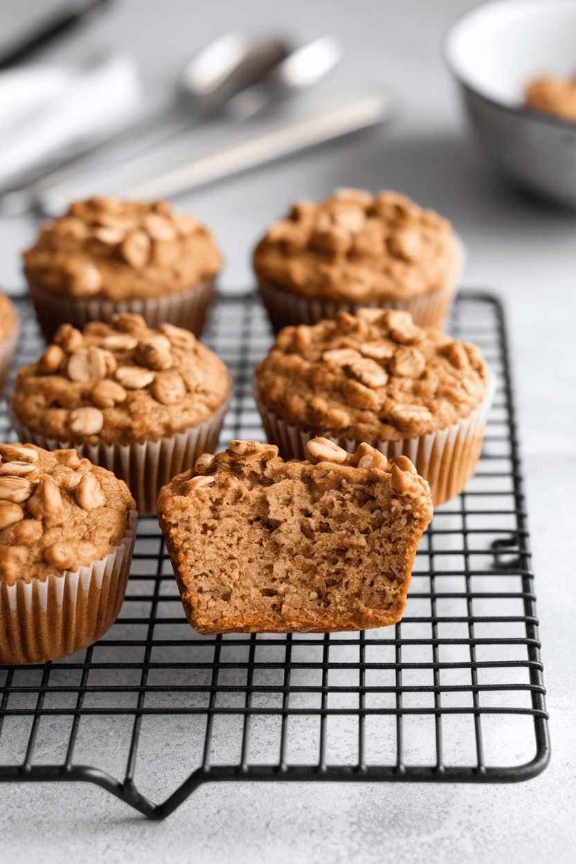 Indoor photo of a cooling rack with peanut butter banana oat muffins, one broken open to show moist interior, no text or logos.
