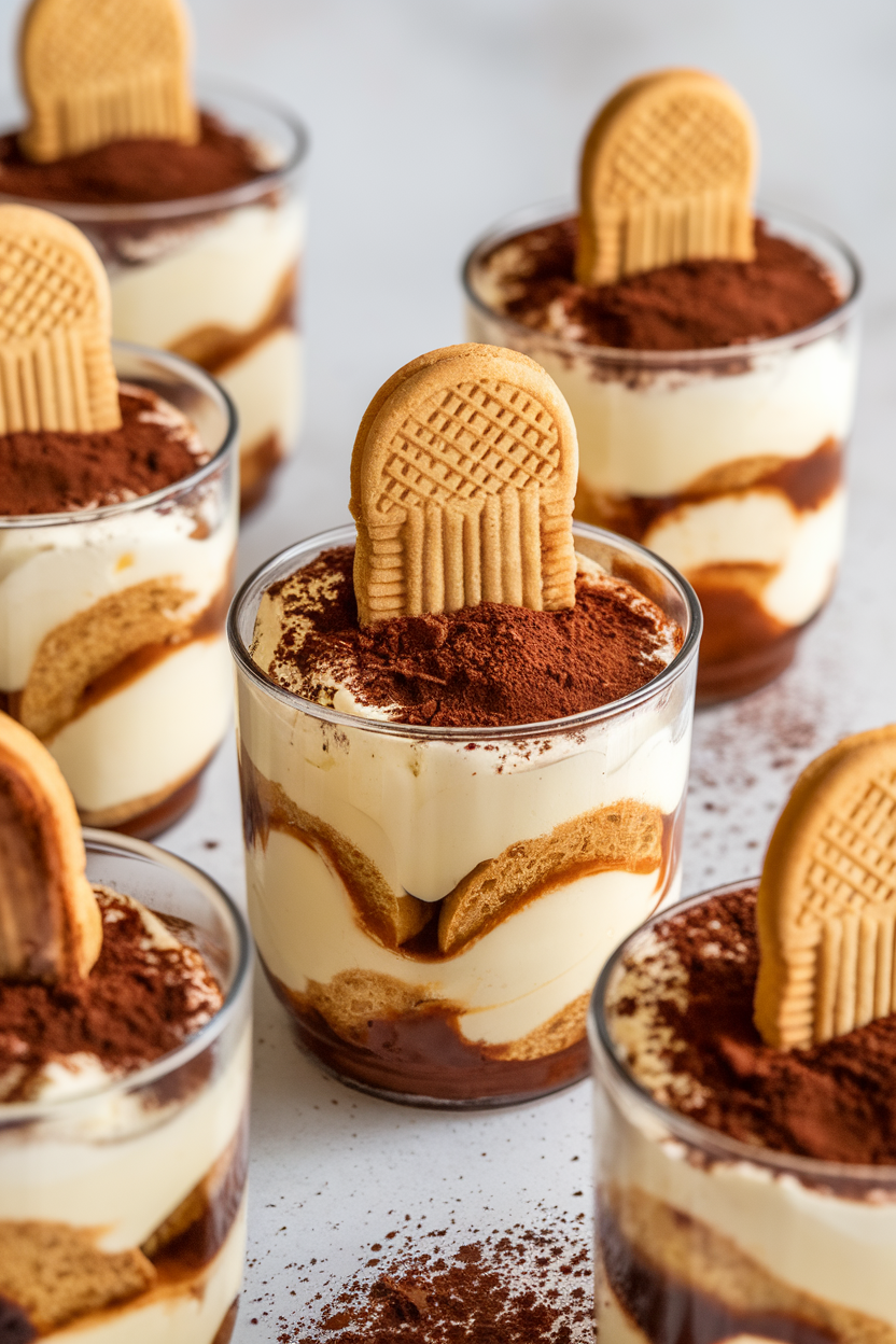 Clear indoor cups layered with espresso-soaked ladyfingers and mascarpone cream, each topped by a cookie tombstone and cocoa “soil.” Photo only, no text or logos.