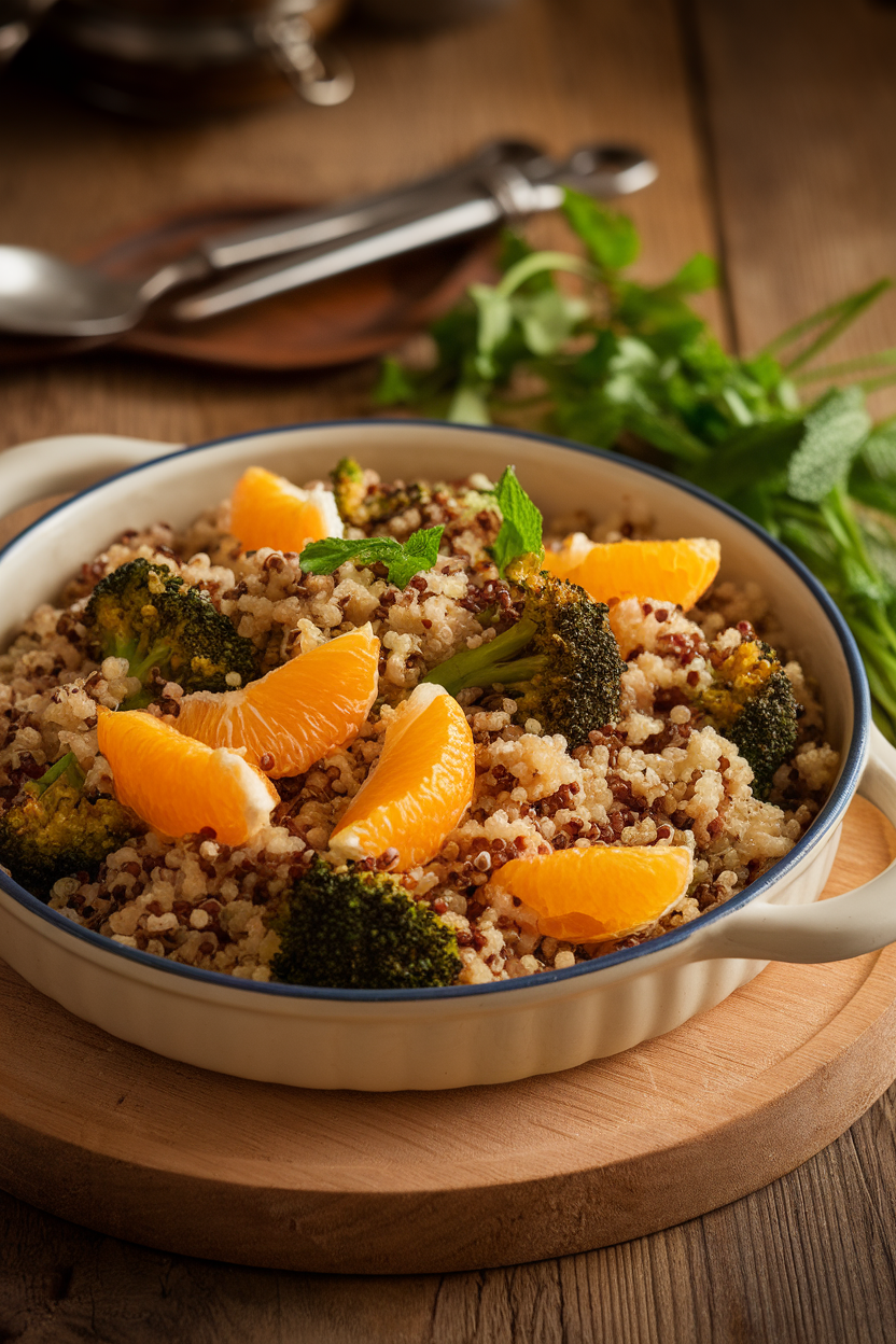 Indoor photo of quinoa mixed with roasted broccoli florets and orange segments in a pale serving dish; ambient lighting, no text or logos.