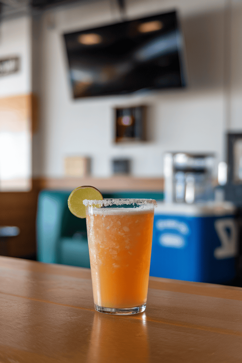 Indoor sports-bar setting with a pint glass of hazy orange lager-margarita hybrid, salted rim, small lime wedge; no text or logos.