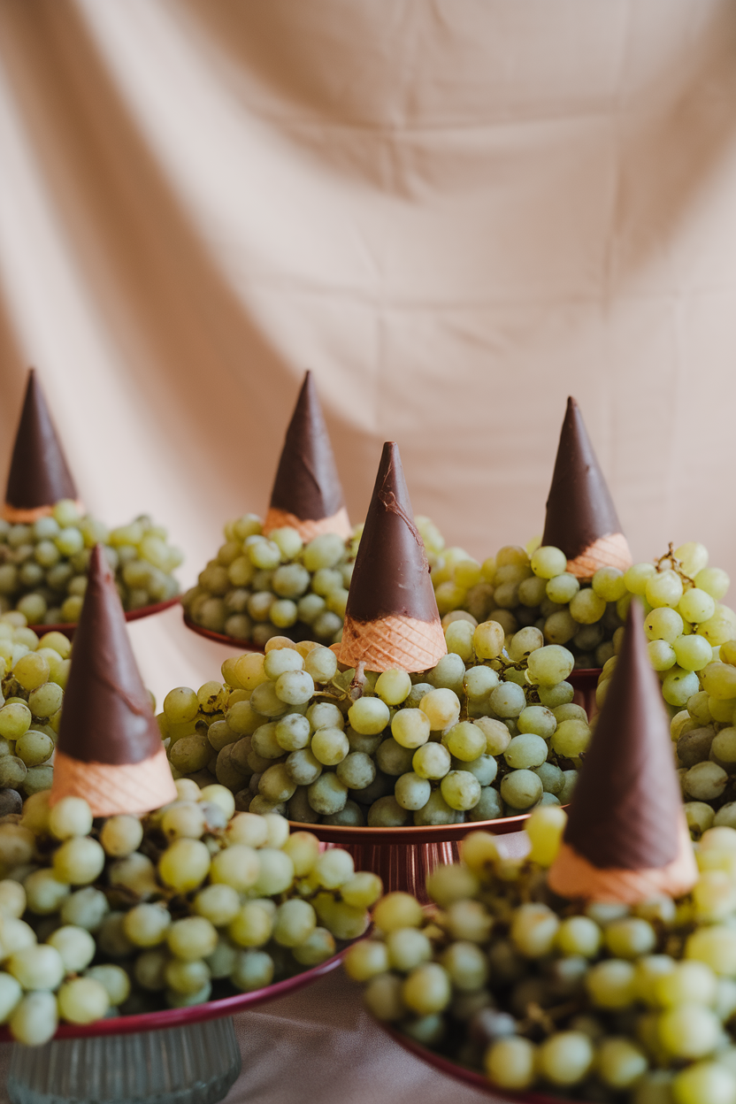 An indoor dessert table with sugar cones dipped in dark chocolate set upside-down on piles of green grapes, forming tiny witch hats. No text or logos.