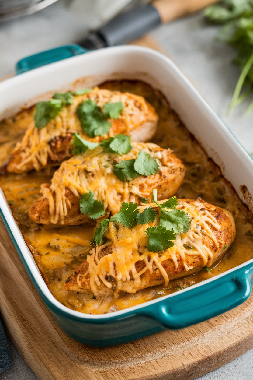 Indoor casserole with chicken breasts smothered in salsa verde, melted cheese on top, cilantro garnish. No logos. Photo.