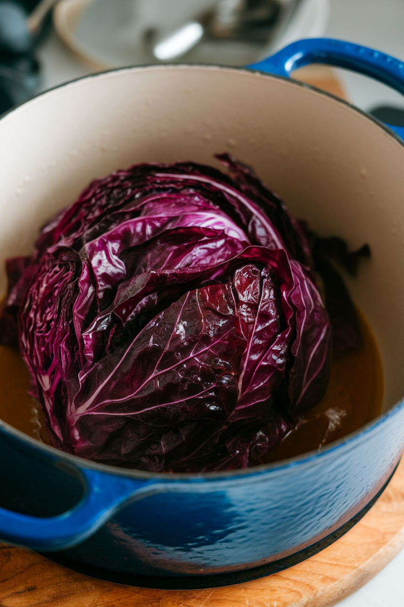Braised deep-purple cabbage strands in a cast-iron pot indoors, glossy from apple cider reduction; no text or logos. Photo only.