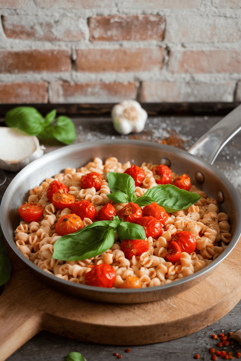 Photo of an indoor counter featuring a shallow pan of fregola (small toasted pasta) mixed with blistered cherry tomatoes and fresh basil leaves; no text or logos.