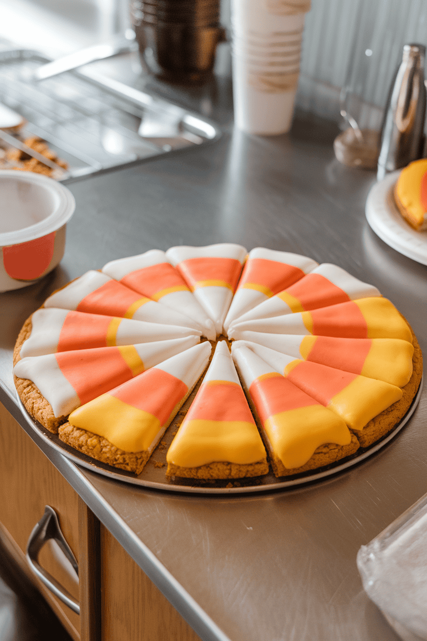 Indoor counter showing a cookie-crust dessert pizza iced in white, orange, and yellow wedges like candy corn. No text or logos.