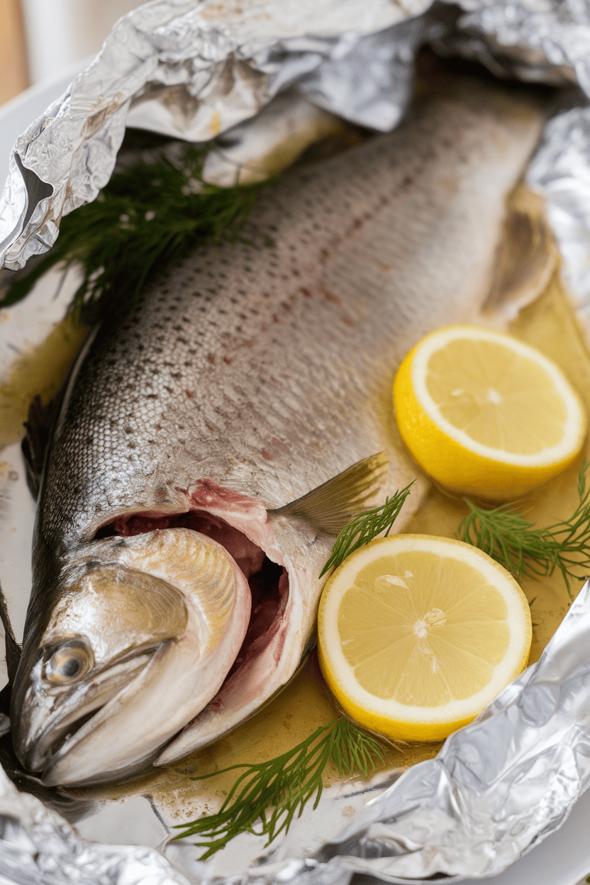 Indoor photo of a cooked whole trout in foil with lemon and dill sprigs, flesh flaky; no text or logos visible.