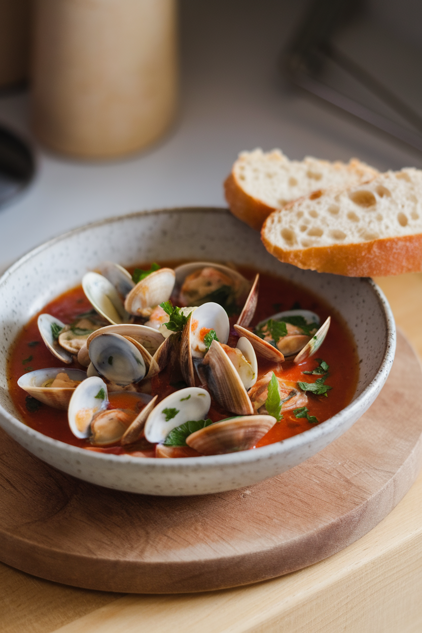 A shallow bowl indoors showing cooked clams in a tomato-wine broth flecked with parsley, with crusty bread on the side. No text or logos.