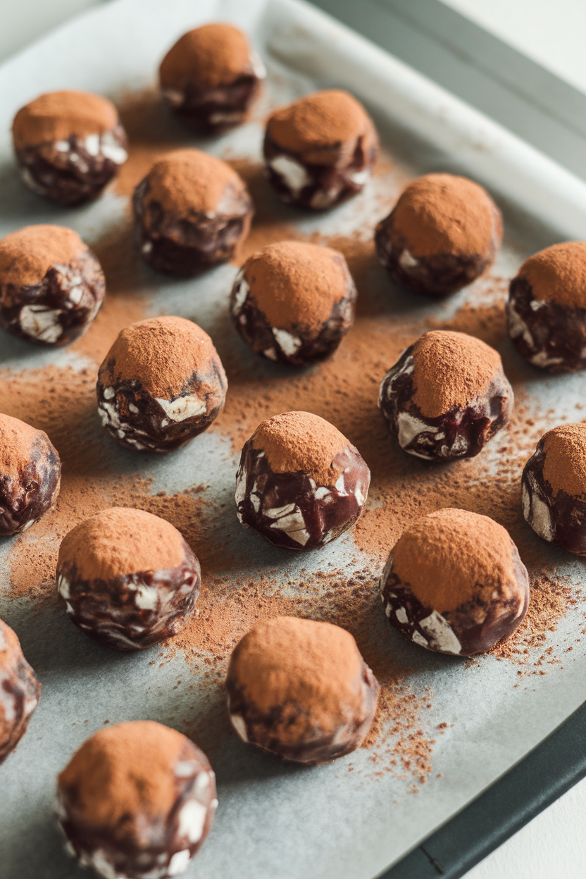 Indoor tabletop displaying round date energy bites dusted lightly with cocoa powder, arranged on parchment. No text or logos.