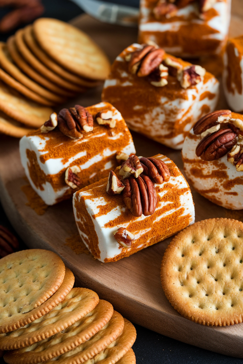 An indoor cheese board featuring mini goat cheese logs rolled in chopped pecans and pumpkin spice, crackers neatly fanned nearby. No text or logos. Photo, not illustration.