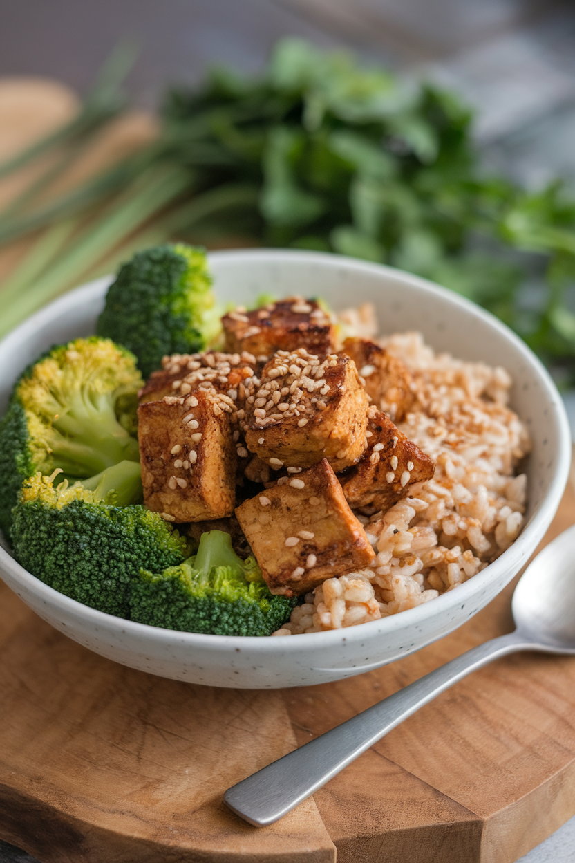 Indoor photo of a bowl filled with steamed broccoli, seared tempeh, and brown rice topped with sesame seeds; no text or logos visible.