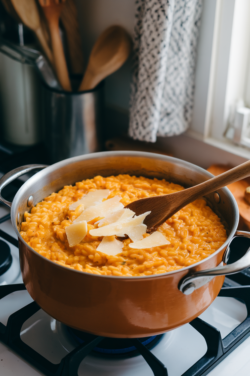 Indoor stovetop scene showing a pot of creamy pumpkin risotto stirred with a wooden spoon, Parmesan shavings melting on top. Photo, no text or logos.
