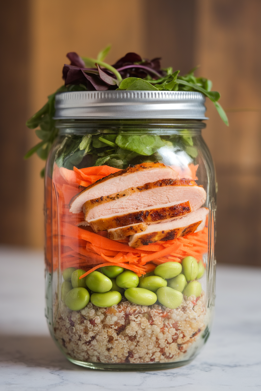 Indoor photo of a mason jar layered with sesame ginger dressing, shredded carrots, edamame, quinoa, and sliced grilled chicken, greens on top. No text or logos.