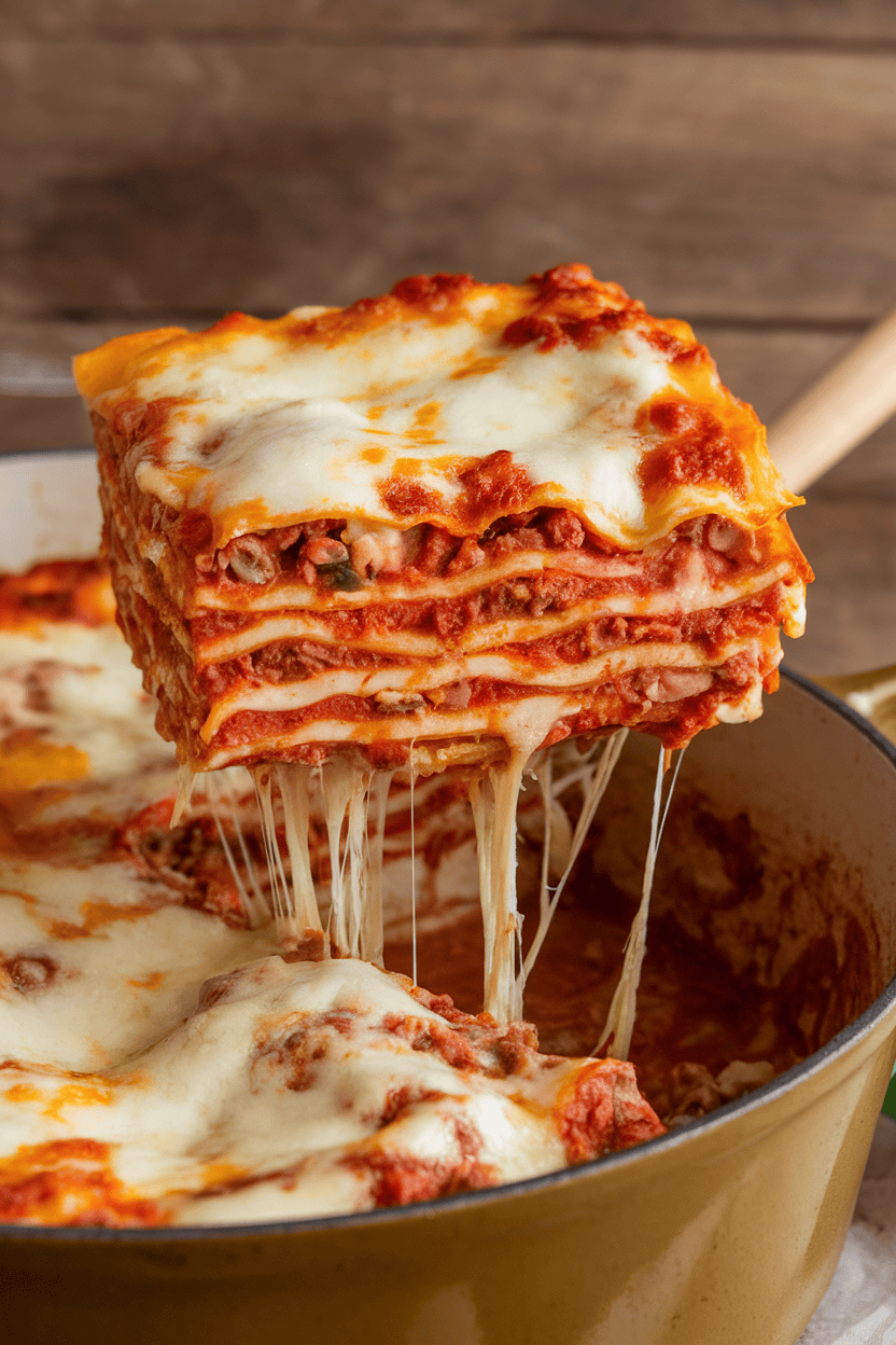Indoor photo of a layered lasagna slice lifted from a Dutch oven, cheese stretching; no text or logos.