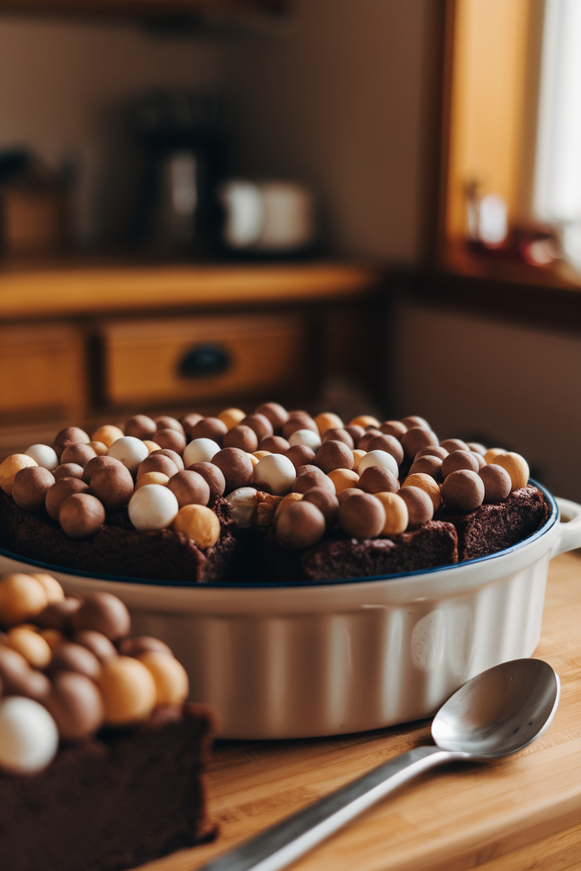 Indoor shot of brownies topped with round malt balls of varying sizes, creating a bubbling cauldron effect; no text or logos