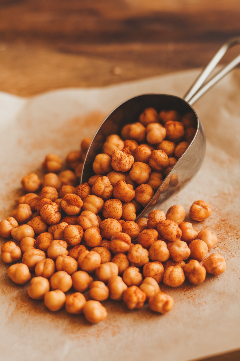 Indoor image of paprika-dusty roasted chickpeas spilling out of a small metal scoop onto parchment. No text or logos.