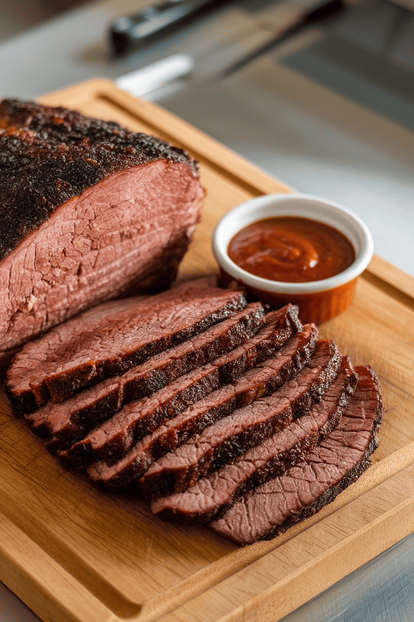 Photo of a cutting board indoors with thin slices of smoked brisket fanned out next to a small dish of barbecue sauce. No text or logos visible.