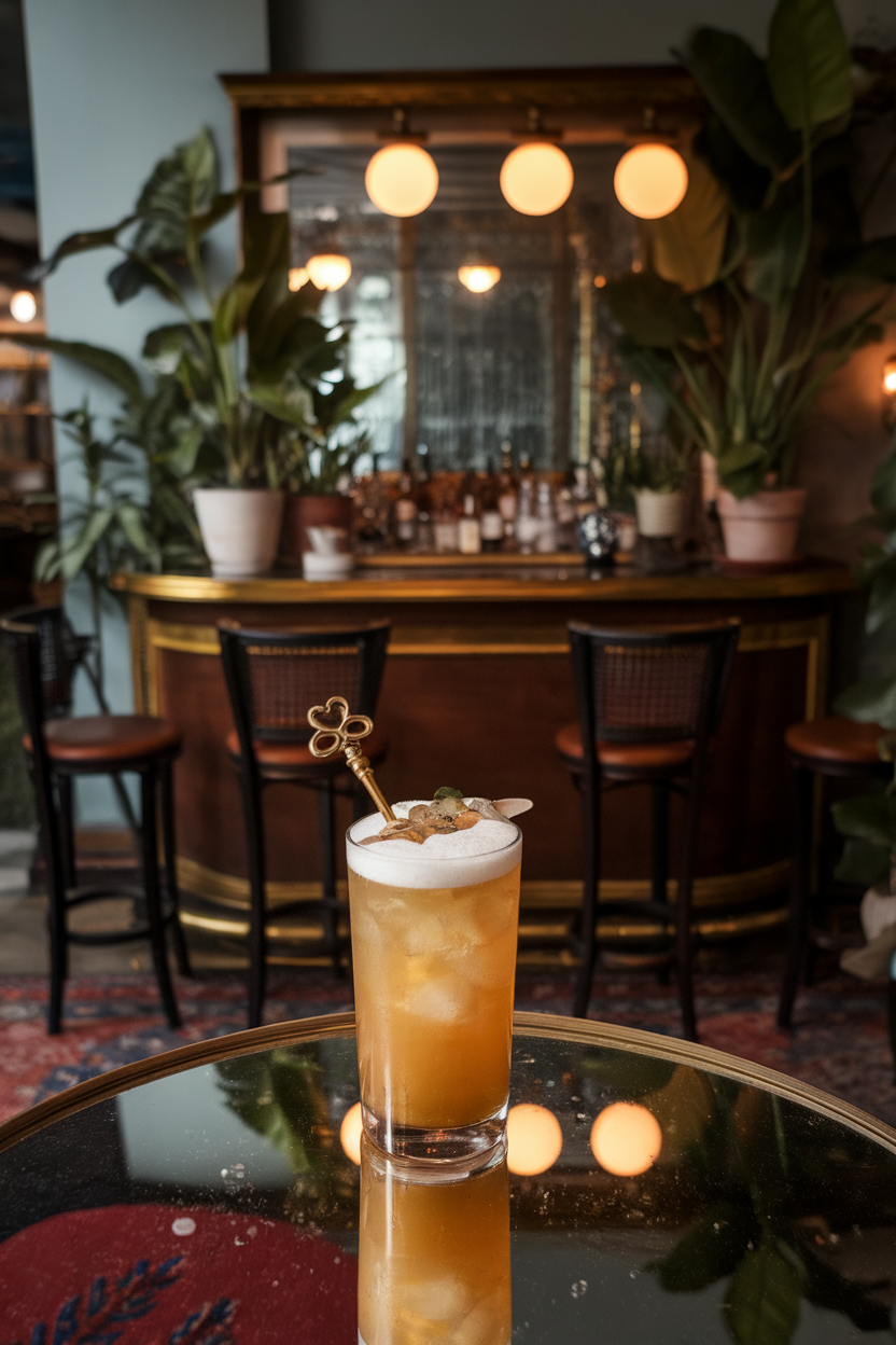Indoor speakeasy scene with highball of golden bourbon cocktail topped with ginger beer and floating skeleton key stirrer. No logos or text visible. Photo, not illustration.