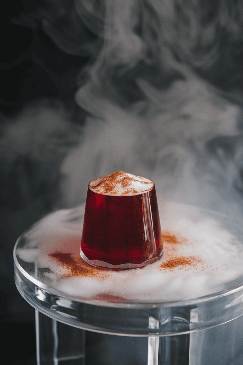 Indoor tabletop with deep red cinnamon jello shots producing wisps of dry-ice fog behind them, no branding visible