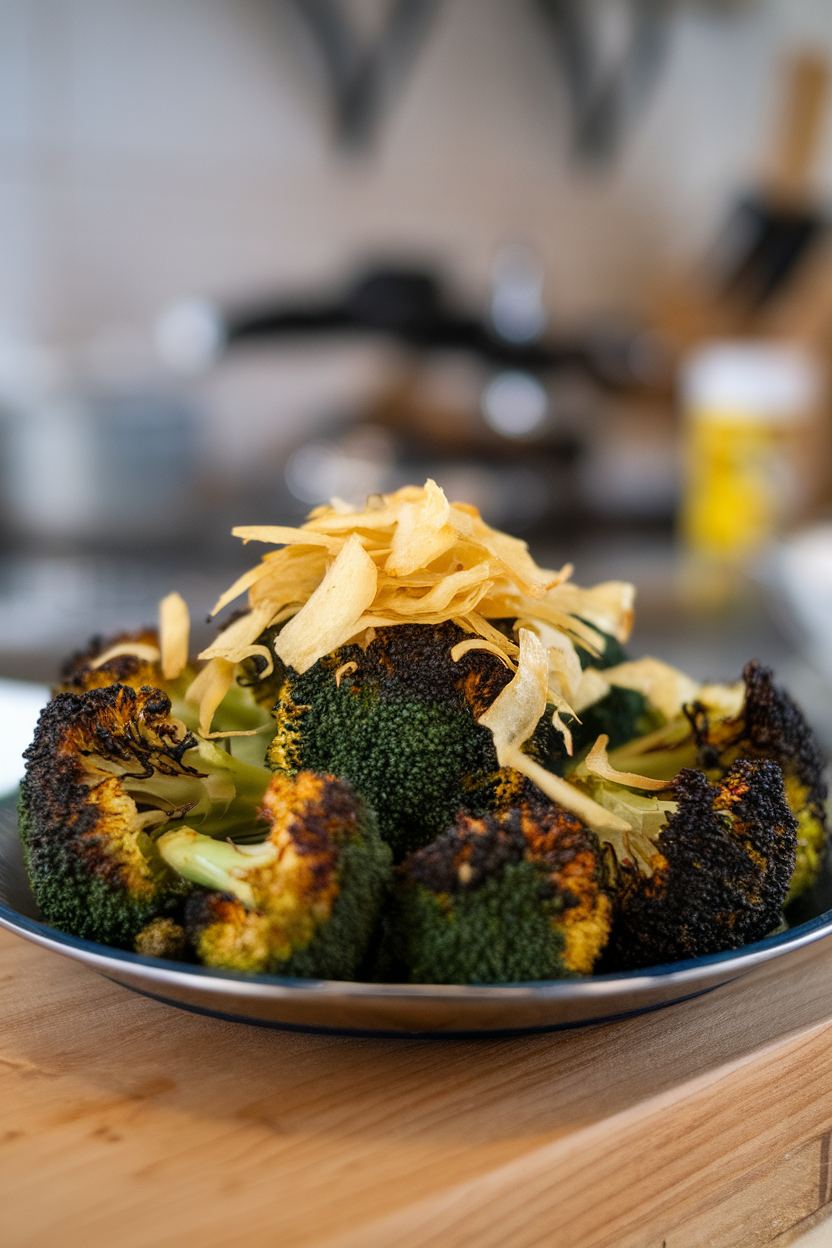 Broccoli florets with dark char marks topped with thin golden garlic chips on a platter indoors; no text or logos. Photo only.