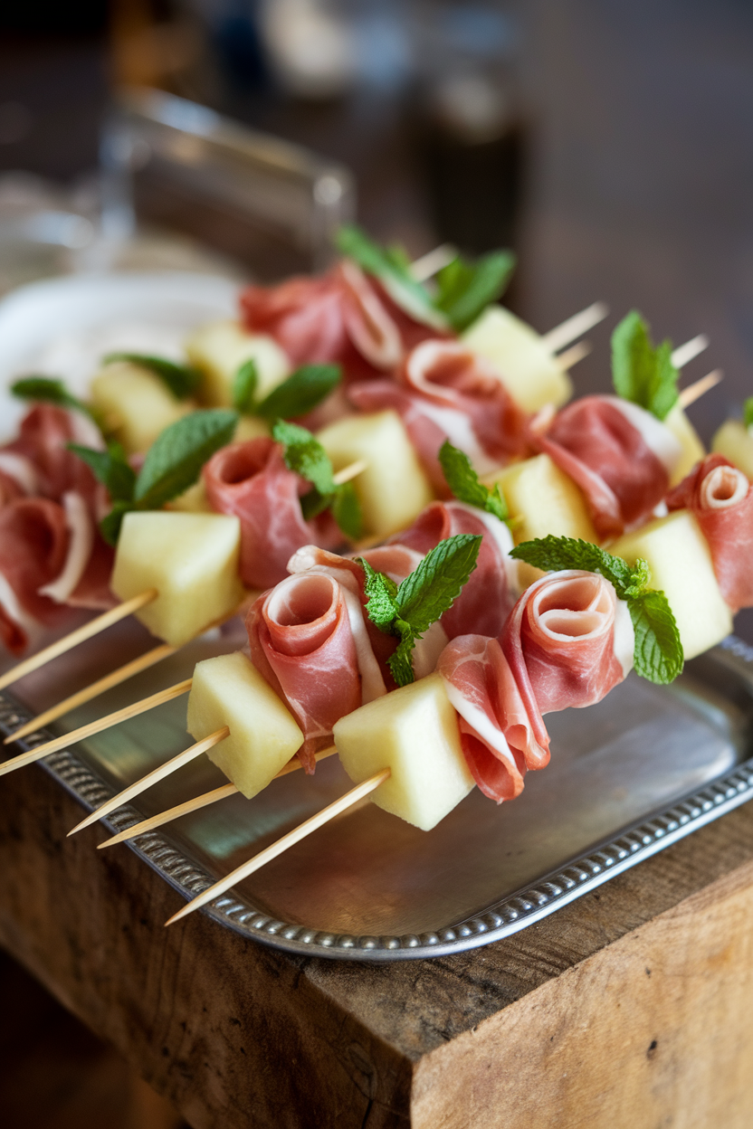 Photo of short wooden skewers holding melon cubes, folded prosciutto, and mint leaves, photographed indoors on a serving tray. No text or logos anywhere.