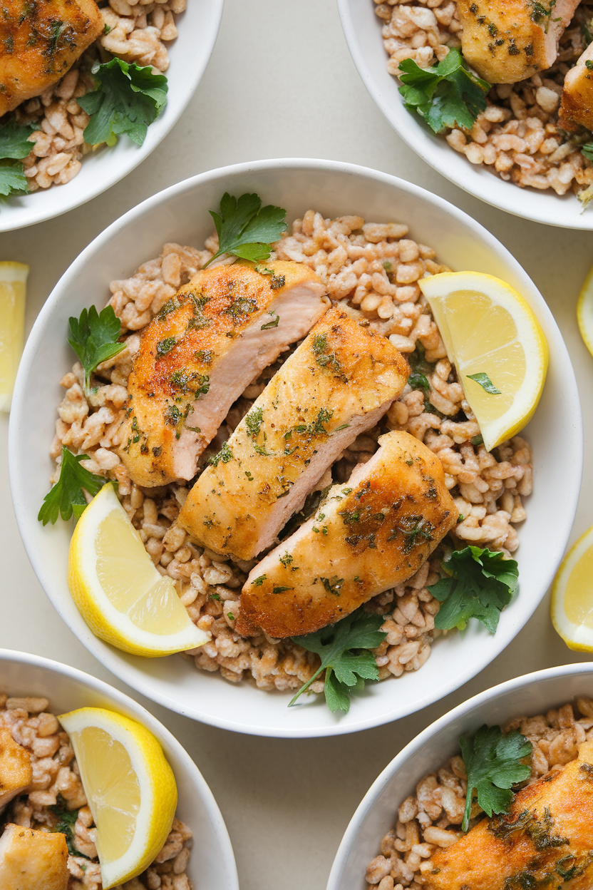 Overhead indoor photo of lemon-capers chicken strips over farro, sprinkled with parsley. No logos or text.