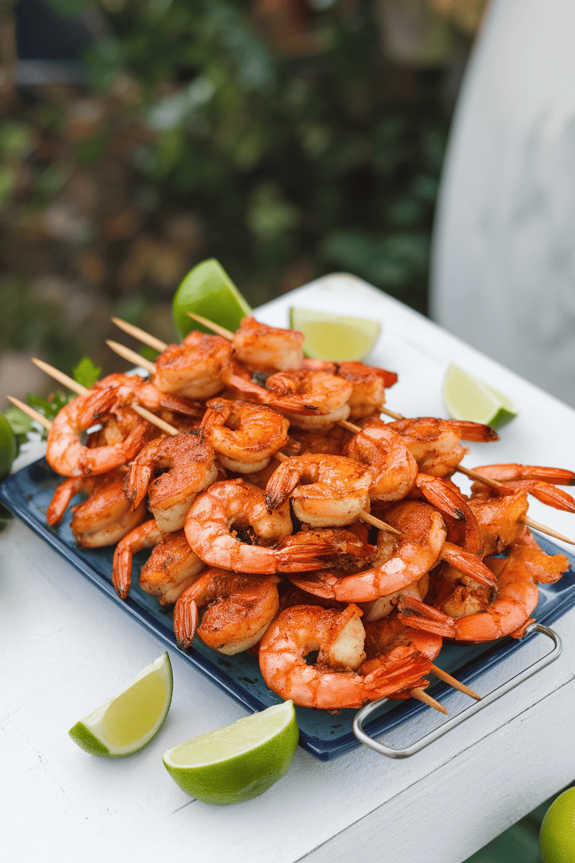 An indoor table set with a rectangular platter of grilled shrimp skewers glazed with a reddish chili-lime sauce, garnished with lime wedges. No text or logos; photo only, shrimp fully cooked.