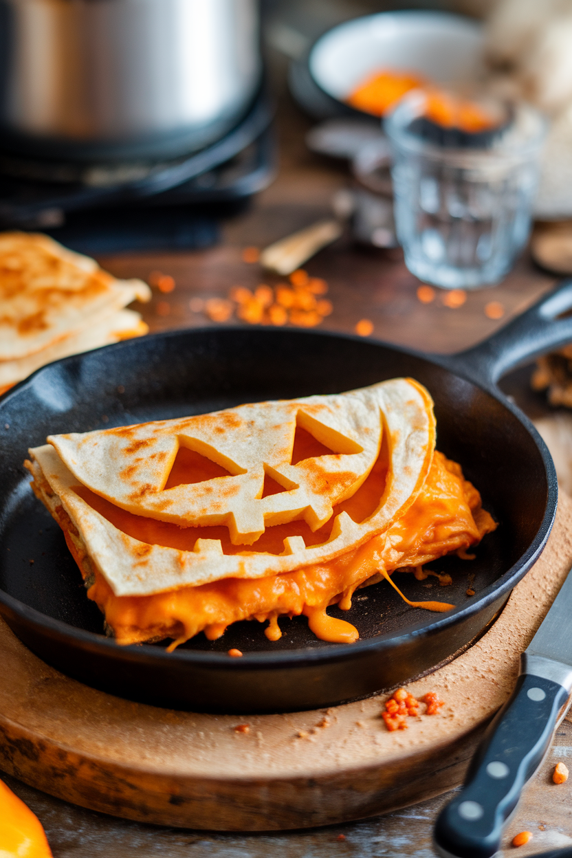 Indoor skillet holding a quesadilla with a carved jack-o’-lantern face, cheese oozing, orange-tinted tortilla. No text or logos.