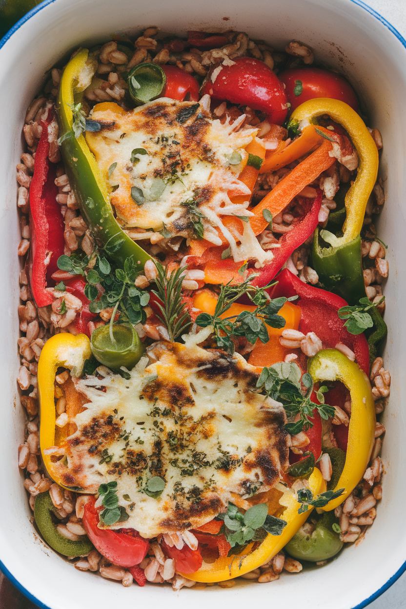 An indoor casserole dish containing colorful bell peppers filled with farro, diced vegetables, and herbs, cheese lightly browned on top. No text or logos.