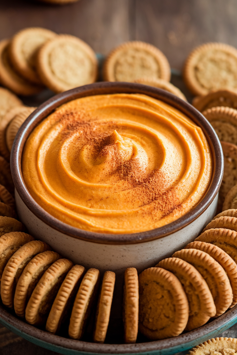 Indoor ceramic bowl of creamy orange pumpkin cheesecake dip, surrounded by gingersnap cookies. No text or logos.
