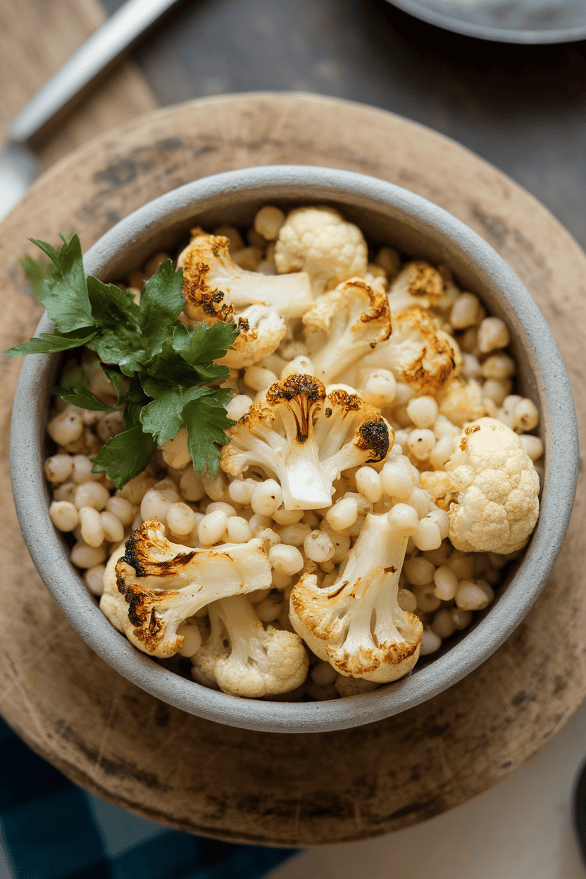Overhead indoor photo of roasted cauliflower florets mixed with pearl barley and parsley in a stoneware bowl; no text or logos.