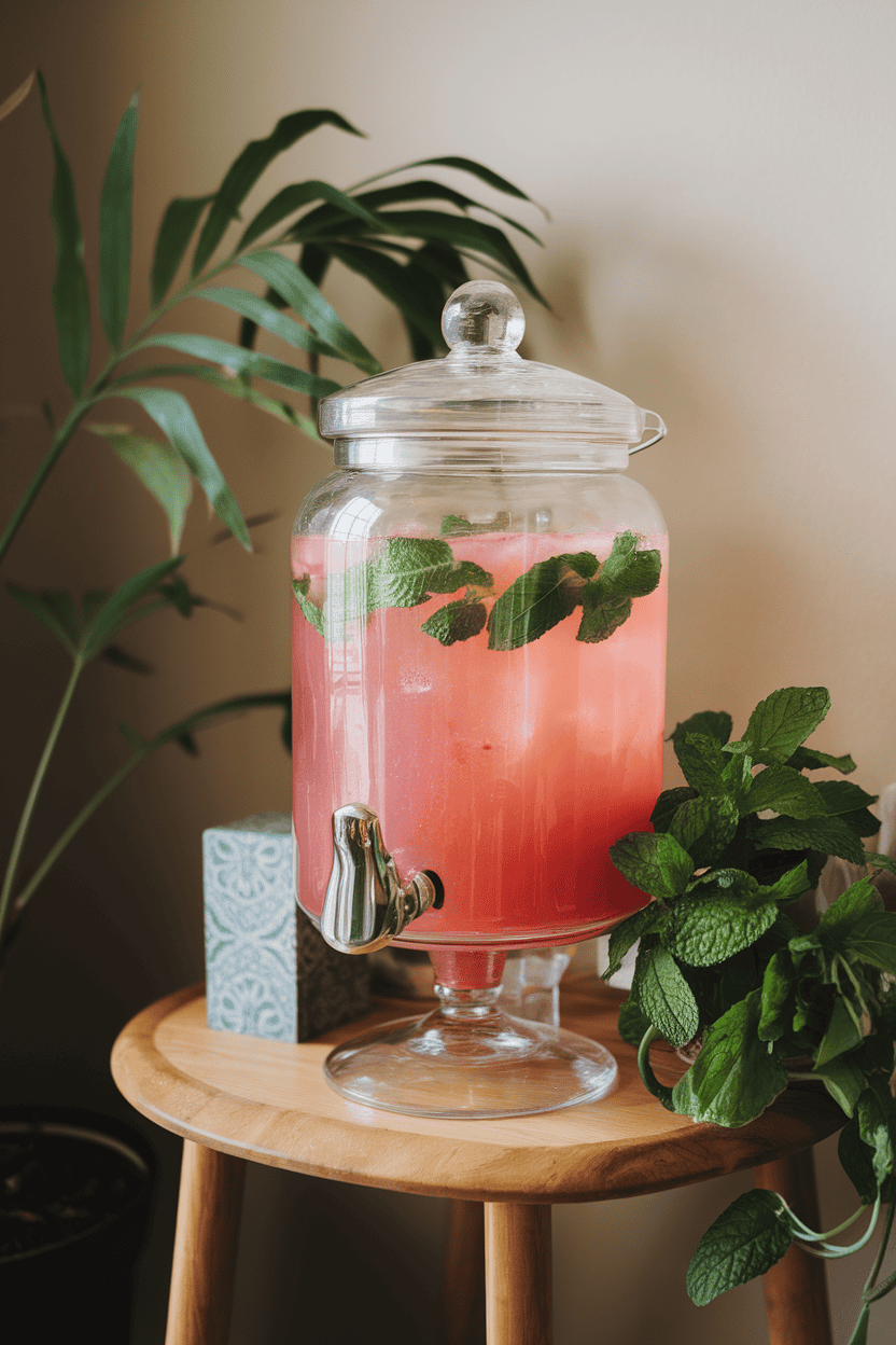 Photo of a clear drink dispenser filled with pink watermelon agua fresca, mint leaves floating, indoors on a side table. No text or branding present.