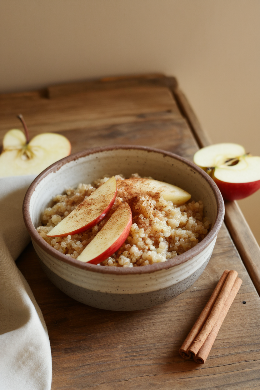 A ceramic bowl on an indoor table filled with warm quinoa, sautéed apple slices, and a sprinkle of cinnamon. No text or logos present.