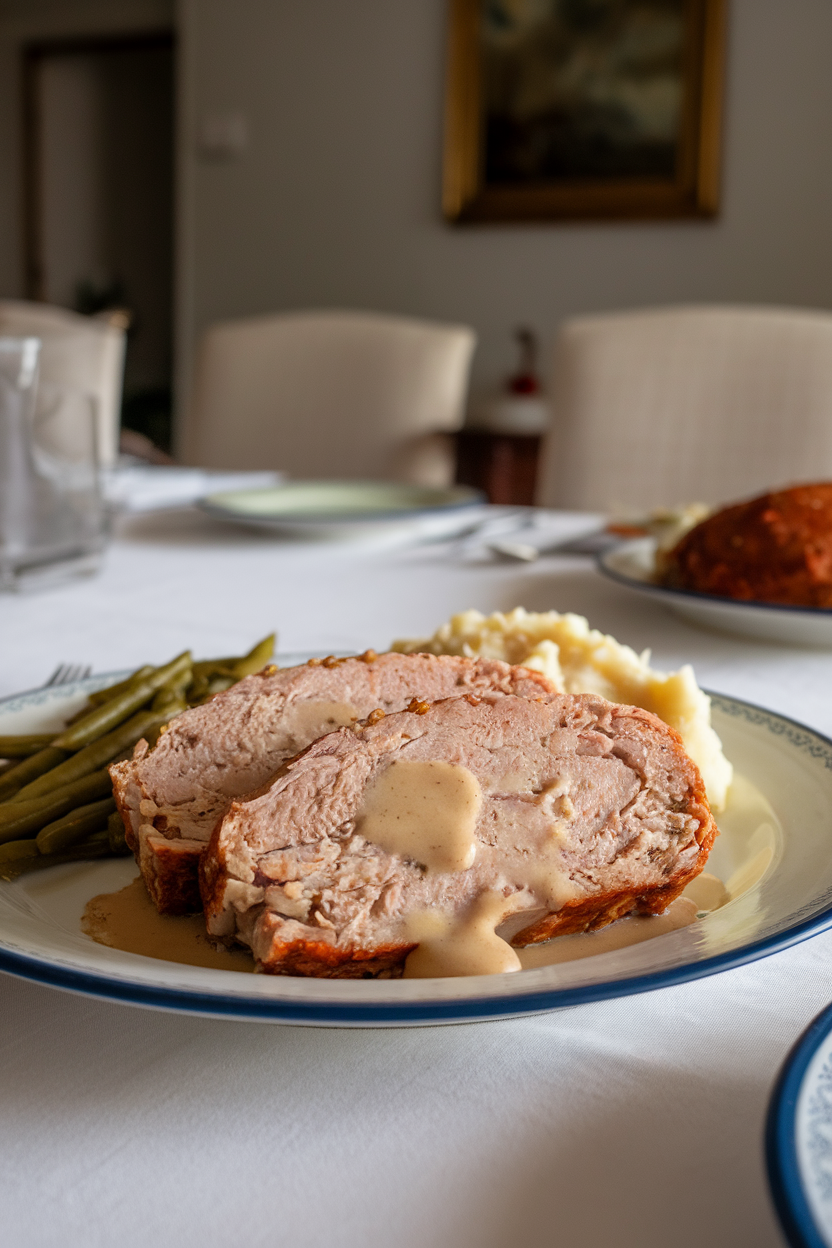 Indoor dinner table displaying two slices of moist turkey meatloaf on a small plate, a bit of light gravy drizzled over. No text or logos; photo only.