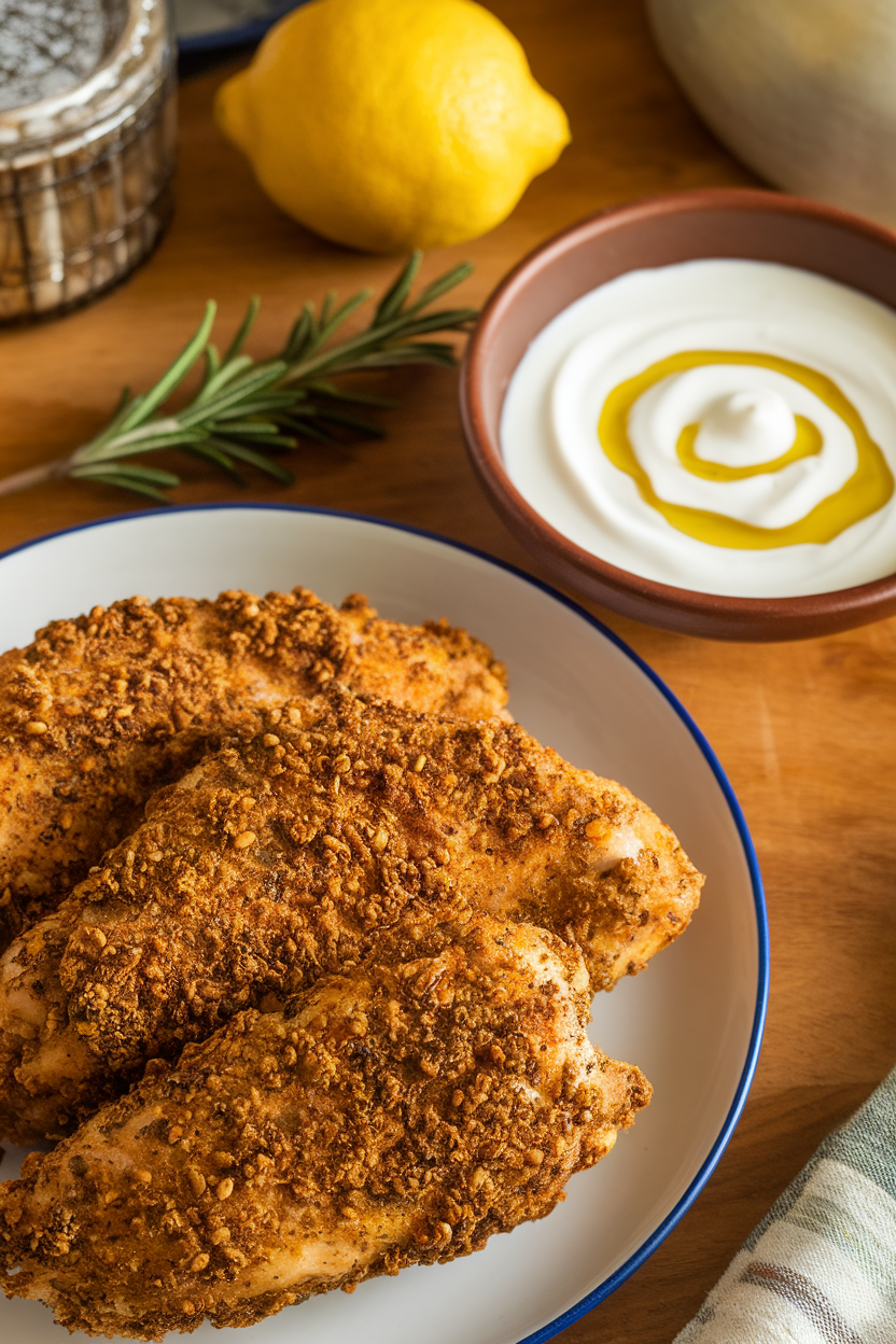 Indoor tabletop with fried chicken breasts coated in herb-sesame za’atar blend, bowl of yogurt sauce with olive oil swirl, photo only, no text or logos